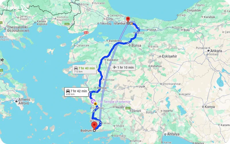 نقشه فاصله بدروم تا استانبول